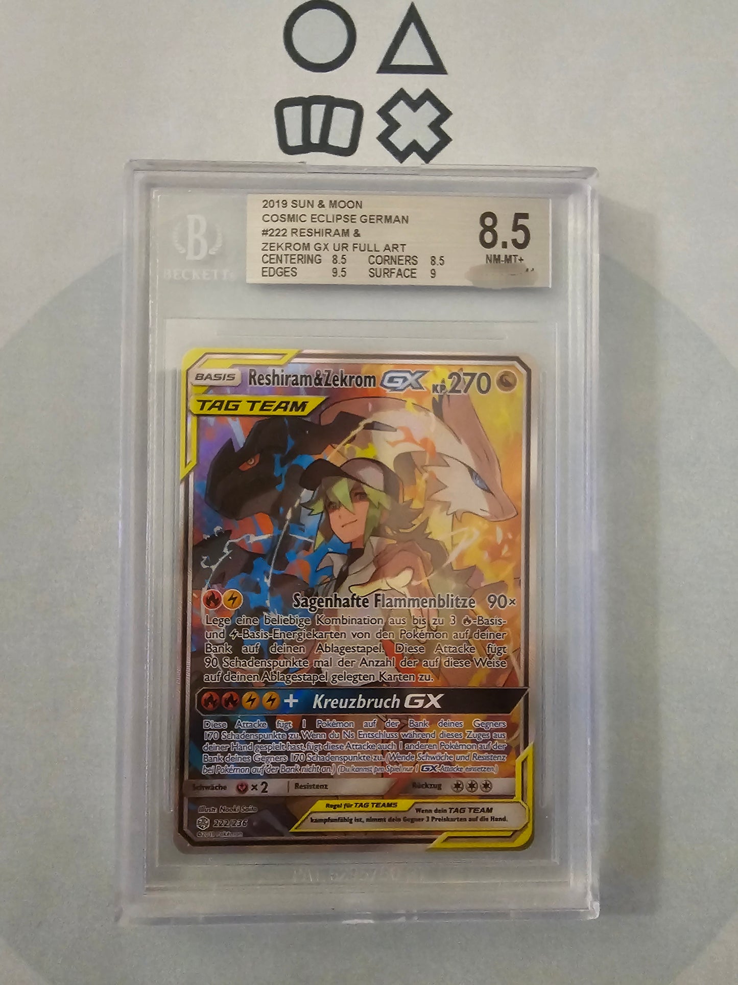 Reshiram & Zekrom GX - BGS 8.5 (CEC222 SM Cosmic Eclipse)